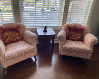 Upholstered club chairs - early 19th century - matched set of 2 available and shown with Indonesia wood side table with lower tier (17.75" x 18" x 21.75)