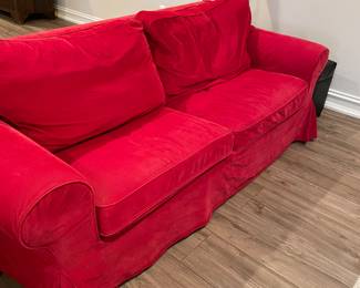 Red Corduroy couch - slipcovered: (78" x 36" x 29")
