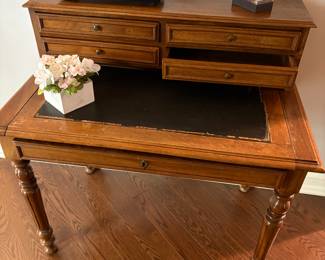 Early 19th century desk with pullout extension - leather top, center drawer and 4 drawer hutch (39" x 24" x 29")