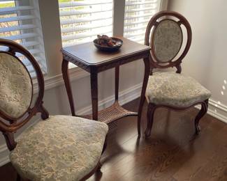 French side table with lower cane tier (20.25" x 14.25" x 30") and shown with french side chairs - 3 available