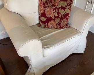 Another view of the slip-covered armchair with rolled arms - 2 available (40" x 33" x 29") - twill fabric