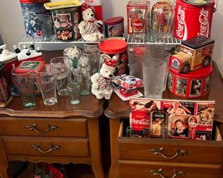 ITALIANATE SIDE TABLES WITH COKE COLLECTIBLES
