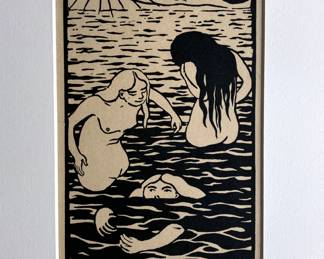Félix Vallotton - Les Trois Baigneuses - Woodcut Block. 1894.