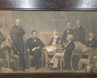 Circa 1875 Lincoln and civil war cannot chrome litho graphic Hand colored original. Frame restored