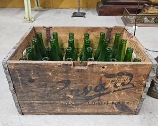 Harvard wood antique box with 24 green glass bottles