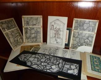 STAINED GLASS WINDOW ETCHINGS OR DRAWINGS