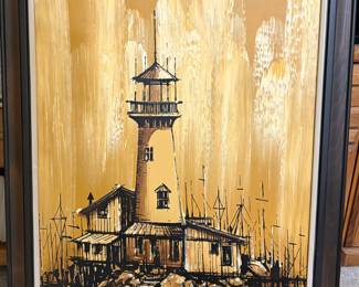 MID-CENTURY MODERN ABSTRACT LIGHTHOUSE HARBOR Painting by MATSON (~42”x29”) MCM MC VTG