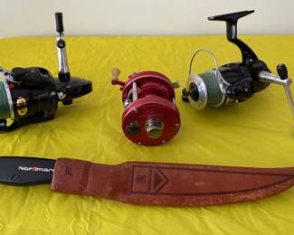 Vintage Fishing Reels, Filet Knife (Vintage ABU Ambassadeur 5000 Red Made in Sweden 4 screw Reel) 2x Vintage Mitchell 300X Spinning Reel (Reely Nice!)