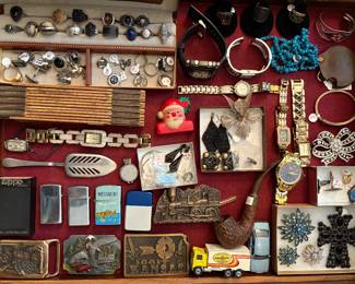 Vintage & Costume Jewelry, Sterling Silver Rings, Earrings, Native American Navajo Bracelet, Zippo Lighters, Heavy Brass Belt Buckles, Watches, Hot Wheels, Pipe, 
