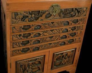 Vintage Asian / Oriental / Chinese Carved Jewelry / Flatware Chest Velvet Lined w/ Glass Top {approximately 24”x14” by 32” tall}