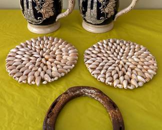 Beer Steins, Horseshoe, Vintage Seashell Shell Trivets 