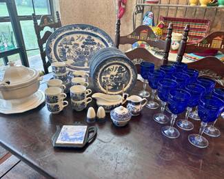 Blue Willow China - Cobalt and Crystal Stems