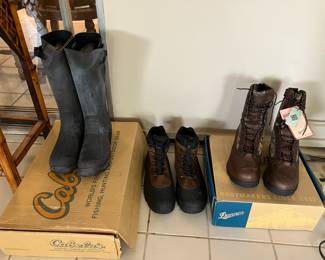 Brand new, in the box rubber boots and hiking boots. Size 12, 13, & 14.