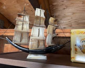 Carved Bull Horn Model Ship