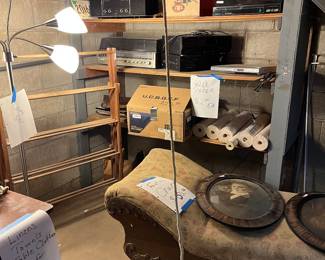 Coffee urn, drying rack, lamp