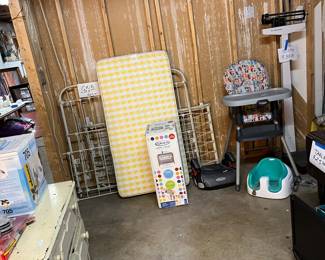 Crib, mattress, high chair, booster seat, dresser, pack n play