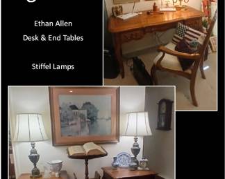 Ethan Allen Desk and Chair, Brass Desk Lamp, Stiffel Lamps, Ethan Allen End Tables, Book Stand