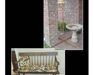 Bird Bath, Iron Hanging Basket Stand, Hallway Bench SOLD - BIRDBATH, IRON HANGING BASKET STAND