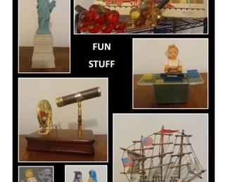 Japanese Tin Toy, Monopoly 1957, Kaleidoscope Music Box, USS Constitution Piggy Bank, Statue of Liberty, 1950s Christmas Angle