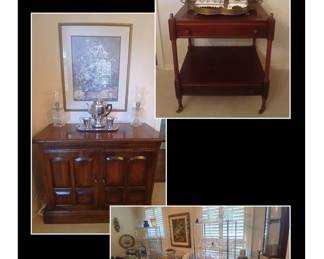 Tea Cart, Sideboard with Heat Resistant Pad, Pair of Boudoir Lamps