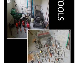Lawn Mower, Edger, Blower, Weed-eater, Hedge Trimmers, Craftsman Chainsaw, Scott's Spreader, Antique Pry Bar, Craftsman Hand Tools, Tool Boxes, 6ft Ladder