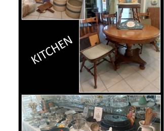 Kitchenware, Ethan Allen Dinette Set (Includes 4 chairs and 2 leaves) Pottery Crock, Washboard, Old Whitemore #10 Cotton Card, Marshal Pottery, Cast Iron, Revere Ware SOLD - DINETTE SET
