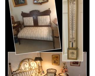 Eastlake Sofa, Wall Thermometer, Iron Bed with Sterns & Foster Mattress, Embroidered Chair, Brass Lamp, Eastlake Fern Stand SOLD - EASTLAKE SOFA, BRASS LAMP, THERMOMETER