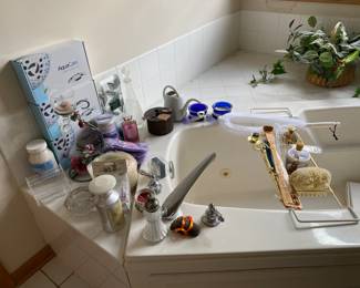 Spa Bathroom. .Bath Tray, Lavender Bath Salts, Loofahs 