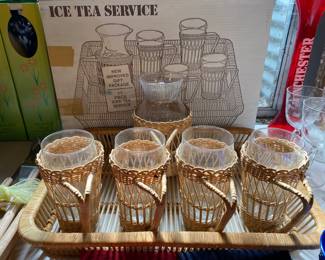 Vintage Ice Tea Service with  Glasses Wicker Holders , Wicker Tray.Box