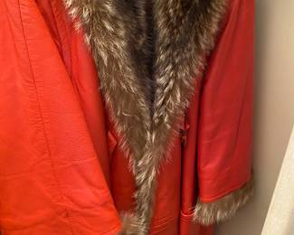 Mid Century Orange Leather Faux Fur Coat , Bonnie Cashin for Sill's