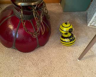 Vintage Red Slag Glass Light Fixture, and Blown Bees.