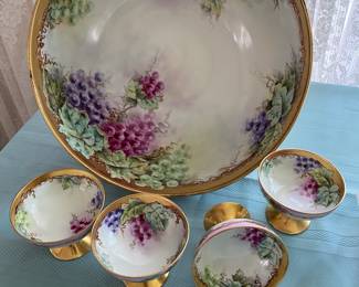 Antique Hand Painted W. G. & Co, Limoges France. Punch Bowl Footed with 6 Footed Hand Painted Cups.