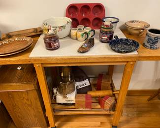 KITCHEN!!! Butcher Block Rolling Cart with Corian Top.