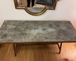 Vintage English Folding Zinc-Top Wallpaper Laying Table With Wood Cross Base & Stretcher. Measures 56" W x 21" D x 31" H. Photo 2 of 5.