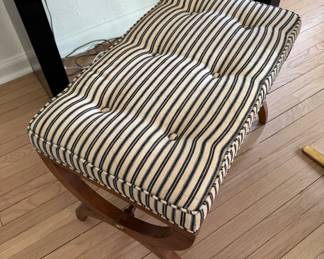 French Ticking Upholstered Bench. Measures 16" x 28" x 18" H. Photo 3 of 4.
