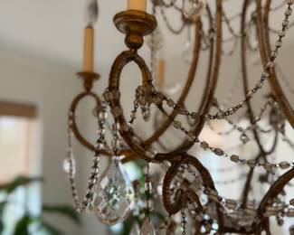 Antique Crystal & Brass Chandelier. Measures 39" H as Hung. Photo 2 of 3.