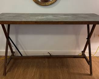Vintage English Folding Zinc-Top Wallpaper Laying Table With Wood Cross Base & Stretcher. Measures 56" W x 21" D x 31" H. Photo 1 of 5.
