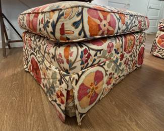 Brunschwig & Fils Dzhambul Upholstered Ottoman in Raspberry Orange Color Way (Cotton & Linen). Measures 34" W x 24" x 18" H. Photo 2 of 3.