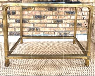 Mid-Century Mastercraft Brass & Glass Console With Patina. Measures 38" W x 15" D x 28" H. Photo 1 of 3.