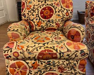 Pair of Brunschwig & Fils Dzhambul Upholstered Club Chairs in Raspberry Orange Color Way (Cotton & Linen). Each Measures 30" W x 36" D x 30" H. Photo 1 of 3.