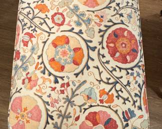Brunschwig & Fils Dzhambul Upholstered Ottoman in Raspberry Orange Color Way (Cotton & Linen). Measures 34" W x 24" x 18" H. Photo 3 of 3.