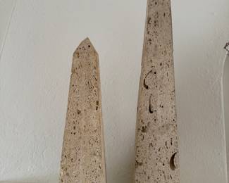 Pair of Mid-Century Travertine Obelisks. Smallest Measures 15" H; Largest Measures 18" H.