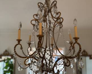 Antique Crystal & Brass Chandelier. Measures 39" H as Hung. Photo 1 of 3.