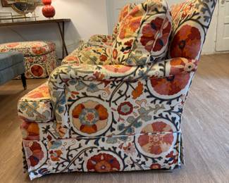 Pair of Brunschwig & Fils Dzhambul Upholstered Club Chairs in Raspberry Orange Color Way (Cotton & Linen). Each Measures 30" W x 36" D x 30" H. Photo 2 of 3.