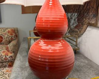 Pair of Fire Coral Orange Table Lamp with Custom Fabric Shade. Photo 2 of 2.