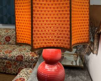 Pair of Fire Coral Orange Table Lamp with Custom Fabric Shade. Photo 1 of 2.