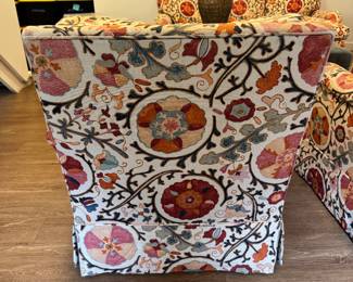 Pair of Brunschwig & Fils Dzhambul Upholstered Club Chairs in Raspberry Orange Color Way (Cotton & Linen). Each Measures 30" W x 36" D x 30" H. Photo 3 of 3.