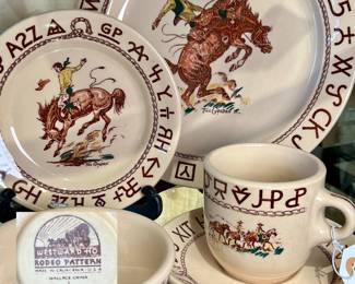 5-pc Place Setting Westward Ho Rodeo Pattern China -Made in California circa 1940’s-50’s