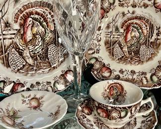 2 coordinating Vintage Johnson Bros. China patterns sold as 1 set:
1) ‘His Majesty’ 12 ea. Dinner, Salad Plates, cups, saucers, 1 gravy boat.
2) ‘Harvest Time’ 6 berry bowls, 8 bread plates, creamer, lidded sugar bowl. (66 pcs total)
