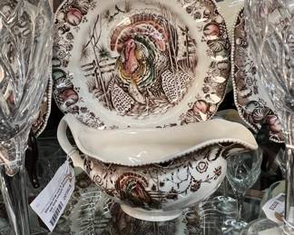 2 coordinating Vintage Johnson Bros. China patterns sold as 1 set:
1) ‘His Majesty’ 12 ea. Dinner, Salad Plates, cups, saucers, 1 gravy boat.
2) ‘Harvest Time’ 6 berry bowls, 8 bread plates, creamer, lidded sugar bowl. (66 pcs total)